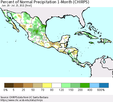 Mexico Central America and the Caribbean Percent of Normal Precipitation 1-Month (CHIRPS) Thematic Map For 6/26/2021 - 7/25/2021