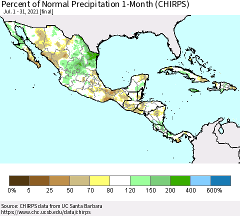 Mexico Central America and the Caribbean Percent of Normal Precipitation 1-Month (CHIRPS) Thematic Map For 7/1/2021 - 7/31/2021