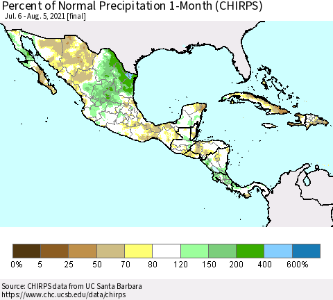 Mexico Central America and the Caribbean Percent of Normal Precipitation 1-Month (CHIRPS) Thematic Map For 7/6/2021 - 8/5/2021