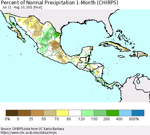 Mexico Central America and the Caribbean Percent of Normal Precipitation 1-Month (CHIRPS) Thematic Map For 7/11/2021 - 8/10/2021