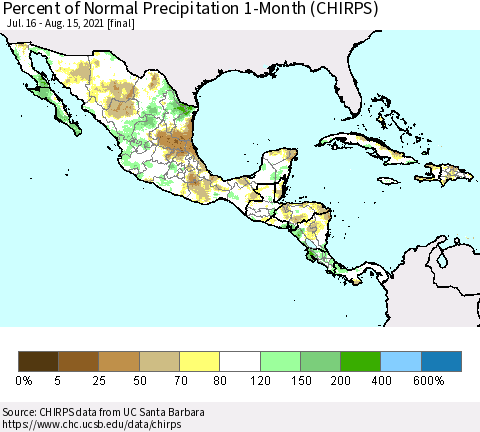 Mexico Central America and the Caribbean Percent of Normal Precipitation 1-Month (CHIRPS) Thematic Map For 7/16/2021 - 8/15/2021