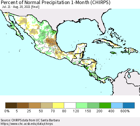 Mexico Central America and the Caribbean Percent of Normal Precipitation 1-Month (CHIRPS) Thematic Map For 7/21/2021 - 8/20/2021