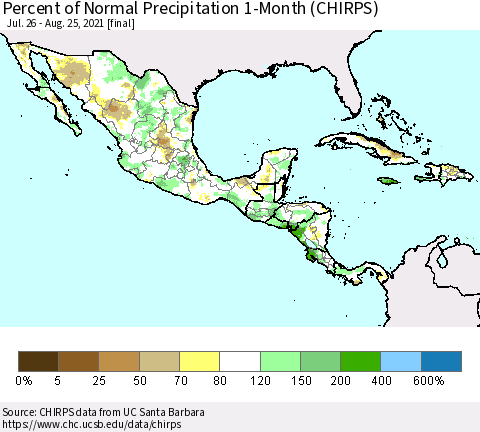 Mexico Central America and the Caribbean Percent of Normal Precipitation 1-Month (CHIRPS) Thematic Map For 7/26/2021 - 8/25/2021
