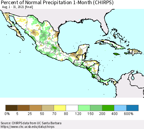 Mexico Central America and the Caribbean Percent of Normal Precipitation 1-Month (CHIRPS) Thematic Map For 8/1/2021 - 8/31/2021