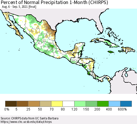Mexico Central America and the Caribbean Percent of Normal Precipitation 1-Month (CHIRPS) Thematic Map For 8/6/2021 - 9/5/2021
