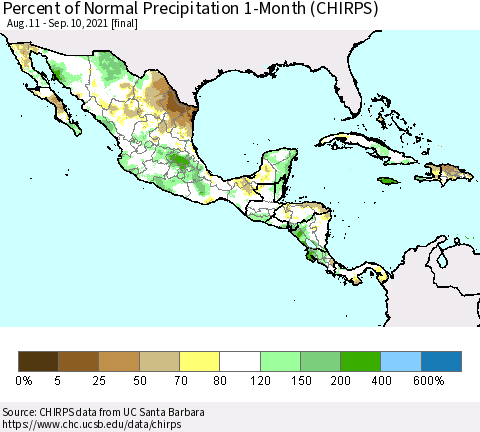 Mexico Central America and the Caribbean Percent of Normal Precipitation 1-Month (CHIRPS) Thematic Map For 8/11/2021 - 9/10/2021