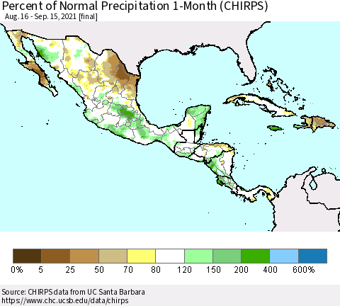 Mexico Central America and the Caribbean Percent of Normal Precipitation 1-Month (CHIRPS) Thematic Map For 8/16/2021 - 9/15/2021