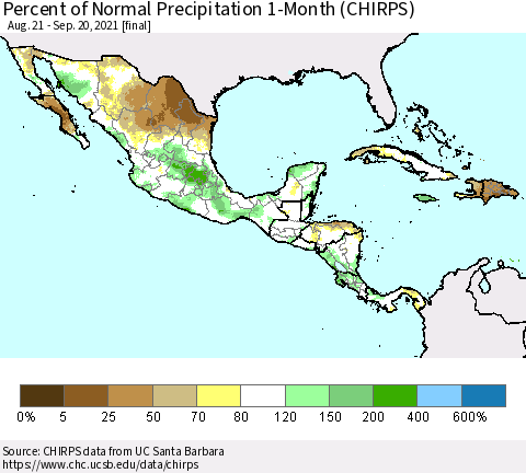Mexico Central America and the Caribbean Percent of Normal Precipitation 1-Month (CHIRPS) Thematic Map For 8/21/2021 - 9/20/2021