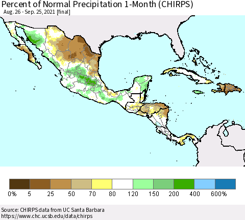 Mexico Central America and the Caribbean Percent of Normal Precipitation 1-Month (CHIRPS) Thematic Map For 8/26/2021 - 9/25/2021