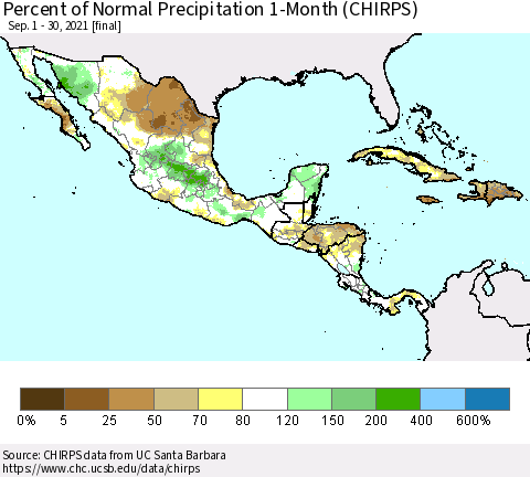 Mexico Central America and the Caribbean Percent of Normal Precipitation 1-Month (CHIRPS) Thematic Map For 9/1/2021 - 9/30/2021