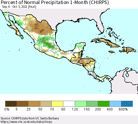 Mexico Central America and the Caribbean Percent of Normal Precipitation 1-Month (CHIRPS) Thematic Map For 9/6/2021 - 10/5/2021