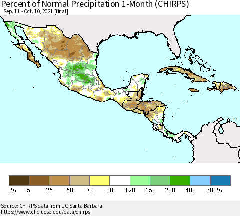 Mexico Central America and the Caribbean Percent of Normal Precipitation 1-Month (CHIRPS) Thematic Map For 9/11/2021 - 10/10/2021