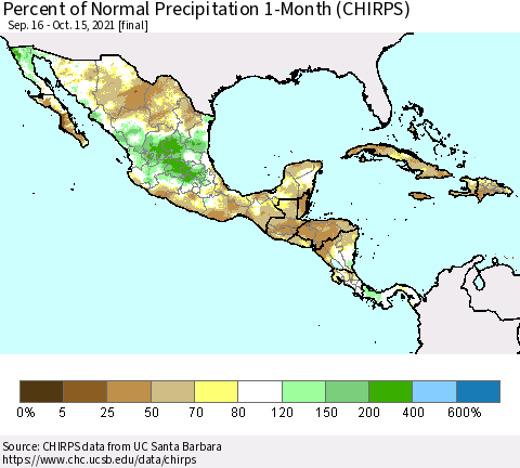 Mexico Central America and the Caribbean Percent of Normal Precipitation 1-Month (CHIRPS) Thematic Map For 9/16/2021 - 10/15/2021