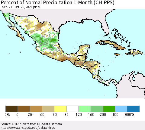 Mexico Central America and the Caribbean Percent of Normal Precipitation 1-Month (CHIRPS) Thematic Map For 9/21/2021 - 10/20/2021