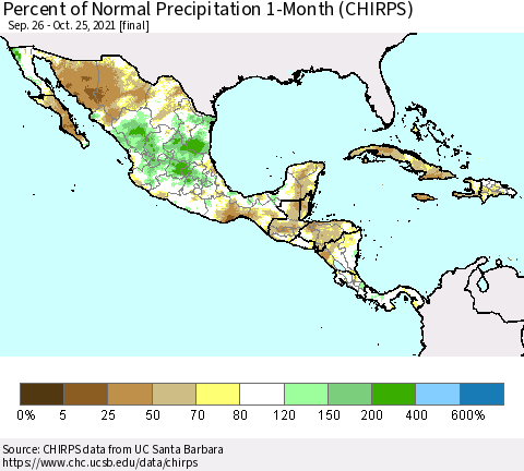 Mexico Central America and the Caribbean Percent of Normal Precipitation 1-Month (CHIRPS) Thematic Map For 9/26/2021 - 10/25/2021