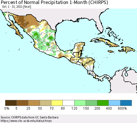 Mexico Central America and the Caribbean Percent of Normal Precipitation 1-Month (CHIRPS) Thematic Map For 10/1/2021 - 10/31/2021