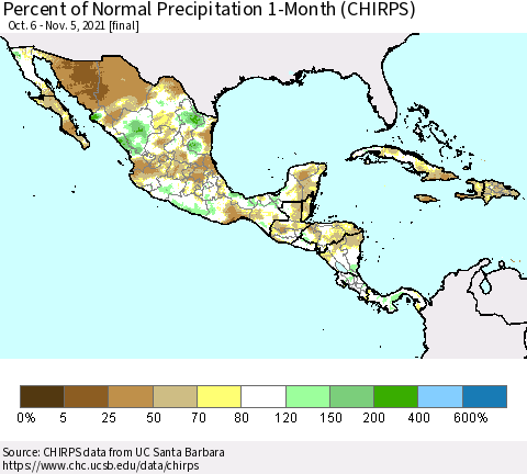 Mexico Central America and the Caribbean Percent of Normal Precipitation 1-Month (CHIRPS) Thematic Map For 10/6/2021 - 11/5/2021