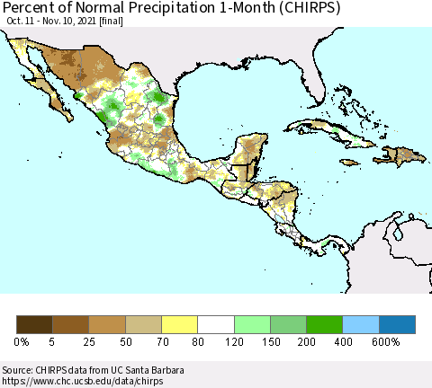 Mexico Central America and the Caribbean Percent of Normal Precipitation 1-Month (CHIRPS) Thematic Map For 10/11/2021 - 11/10/2021