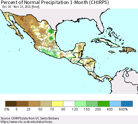 Mexico Central America and the Caribbean Percent of Normal Precipitation 1-Month (CHIRPS) Thematic Map For 10/16/2021 - 11/15/2021