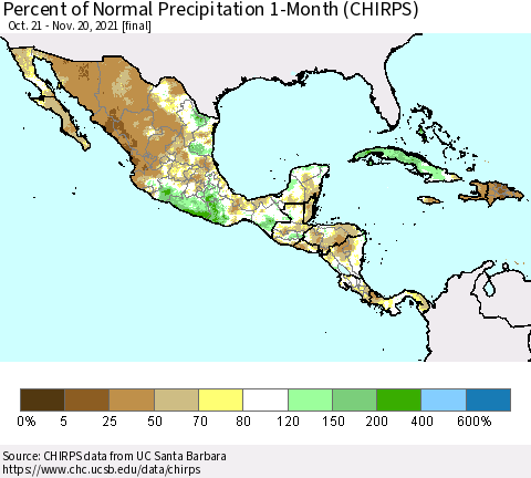 Mexico Central America and the Caribbean Percent of Normal Precipitation 1-Month (CHIRPS) Thematic Map For 10/21/2021 - 11/20/2021