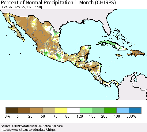 Mexico Central America and the Caribbean Percent of Normal Precipitation 1-Month (CHIRPS) Thematic Map For 10/26/2021 - 11/25/2021
