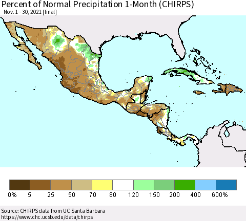 Mexico Central America and the Caribbean Percent of Normal Precipitation 1-Month (CHIRPS) Thematic Map For 11/1/2021 - 11/30/2021