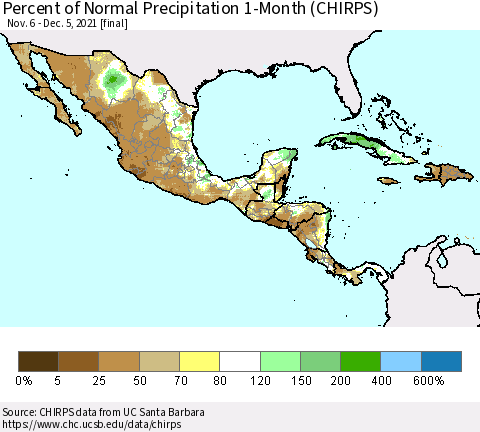 Mexico Central America and the Caribbean Percent of Normal Precipitation 1-Month (CHIRPS) Thematic Map For 11/6/2021 - 12/5/2021