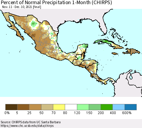 Mexico Central America and the Caribbean Percent of Normal Precipitation 1-Month (CHIRPS) Thematic Map For 11/11/2021 - 12/10/2021