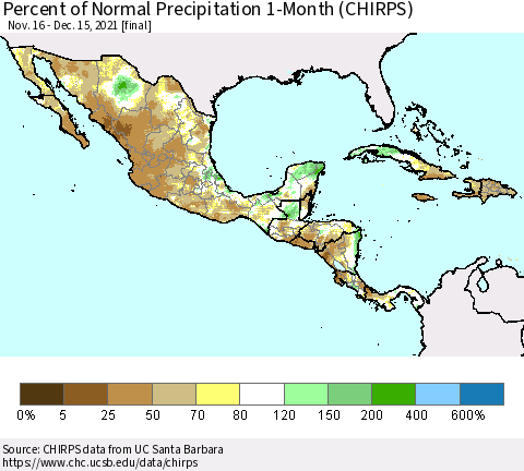 Mexico Central America and the Caribbean Percent of Normal Precipitation 1-Month (CHIRPS) Thematic Map For 11/16/2021 - 12/15/2021