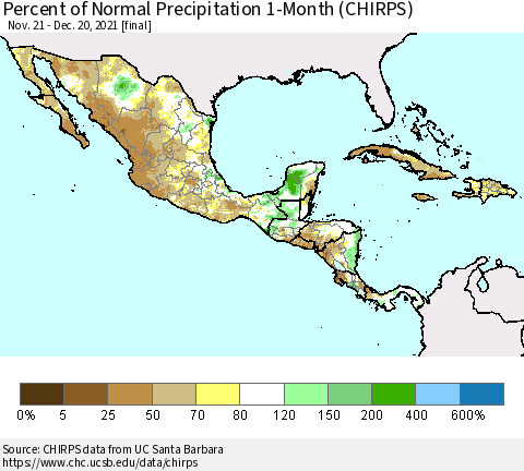 Mexico Central America and the Caribbean Percent of Normal Precipitation 1-Month (CHIRPS) Thematic Map For 11/21/2021 - 12/20/2021