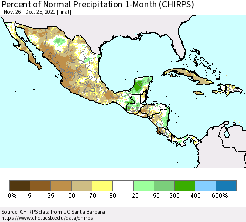 Mexico Central America and the Caribbean Percent of Normal Precipitation 1-Month (CHIRPS) Thematic Map For 11/26/2021 - 12/25/2021