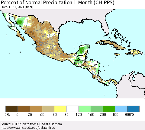 Mexico Central America and the Caribbean Percent of Normal Precipitation 1-Month (CHIRPS) Thematic Map For 12/1/2021 - 12/31/2021