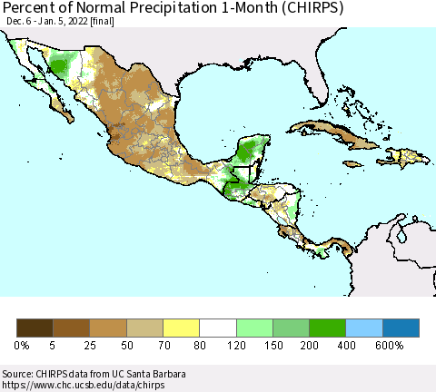 Mexico Central America and the Caribbean Percent of Normal Precipitation 1-Month (CHIRPS) Thematic Map For 12/6/2021 - 1/5/2022