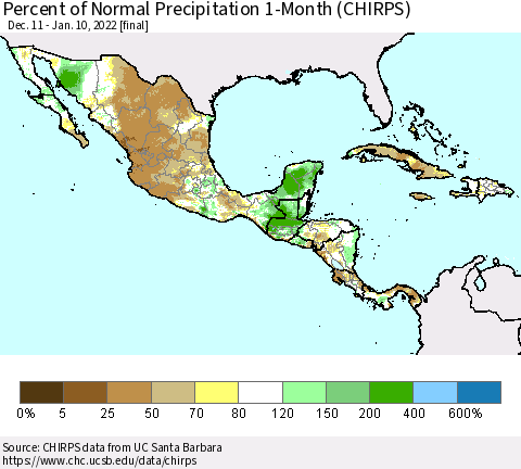 Mexico Central America and the Caribbean Percent of Normal Precipitation 1-Month (CHIRPS) Thematic Map For 12/11/2021 - 1/10/2022
