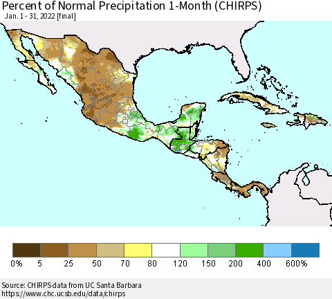 Mexico Central America and the Caribbean Percent of Normal Precipitation 1-Month (CHIRPS) Thematic Map For 1/1/2022 - 1/31/2022
