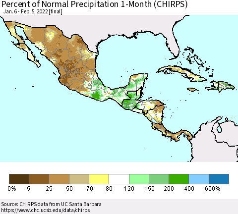 Mexico Central America and the Caribbean Percent of Normal Precipitation 1-Month (CHIRPS) Thematic Map For 1/6/2022 - 2/5/2022