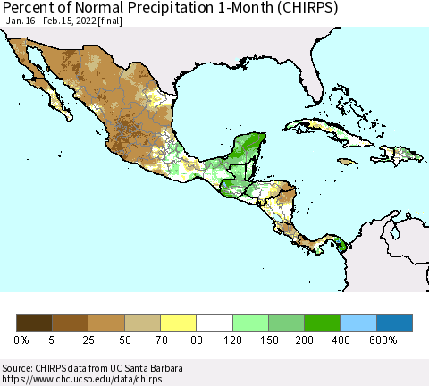 Mexico Central America and the Caribbean Percent of Normal Precipitation 1-Month (CHIRPS) Thematic Map For 1/16/2022 - 2/15/2022