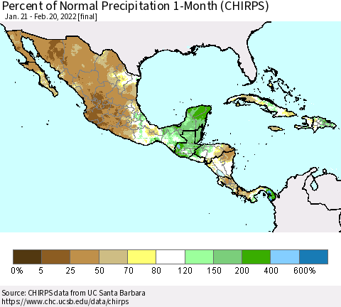 Mexico Central America and the Caribbean Percent of Normal Precipitation 1-Month (CHIRPS) Thematic Map For 1/21/2022 - 2/20/2022