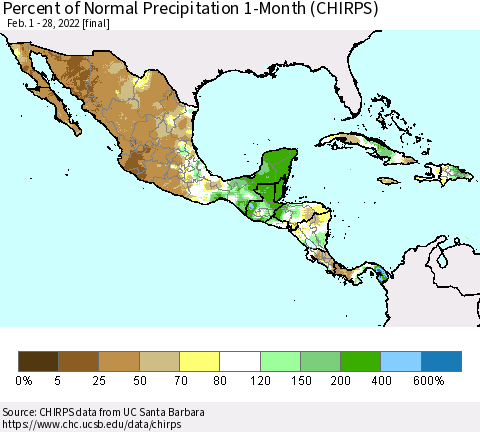 Mexico Central America and the Caribbean Percent of Normal Precipitation 1-Month (CHIRPS) Thematic Map For 2/1/2022 - 2/28/2022