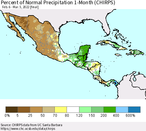 Mexico Central America and the Caribbean Percent of Normal Precipitation 1-Month (CHIRPS) Thematic Map For 2/6/2022 - 3/5/2022