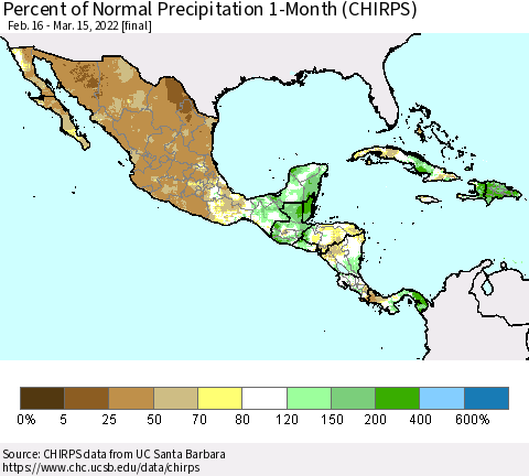 Mexico Central America and the Caribbean Percent of Normal Precipitation 1-Month (CHIRPS) Thematic Map For 2/16/2022 - 3/15/2022
