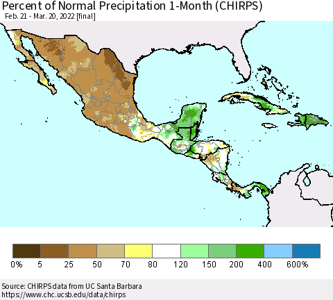 Mexico Central America and the Caribbean Percent of Normal Precipitation 1-Month (CHIRPS) Thematic Map For 2/21/2022 - 3/20/2022