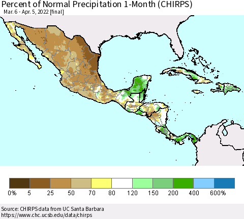 Mexico Central America and the Caribbean Percent of Normal Precipitation 1-Month (CHIRPS) Thematic Map For 3/6/2022 - 4/5/2022