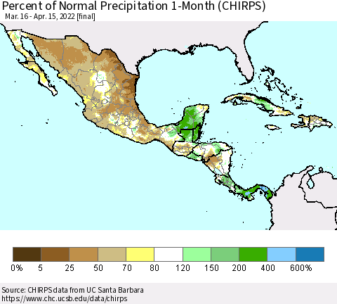 Mexico Central America and the Caribbean Percent of Normal Precipitation 1-Month (CHIRPS) Thematic Map For 3/16/2022 - 4/15/2022