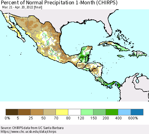 Mexico Central America and the Caribbean Percent of Normal Precipitation 1-Month (CHIRPS) Thematic Map For 3/21/2022 - 4/20/2022