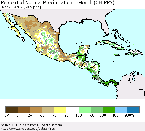 Mexico Central America and the Caribbean Percent of Normal Precipitation 1-Month (CHIRPS) Thematic Map For 3/26/2022 - 4/25/2022