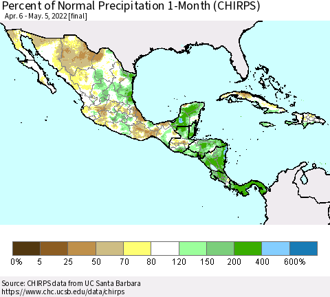 Mexico Central America and the Caribbean Percent of Normal Precipitation 1-Month (CHIRPS) Thematic Map For 4/6/2022 - 5/5/2022