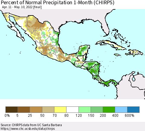 Mexico Central America and the Caribbean Percent of Normal Precipitation 1-Month (CHIRPS) Thematic Map For 4/11/2022 - 5/10/2022