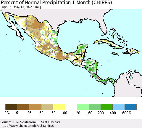 Mexico Central America and the Caribbean Percent of Normal Precipitation 1-Month (CHIRPS) Thematic Map For 4/16/2022 - 5/15/2022