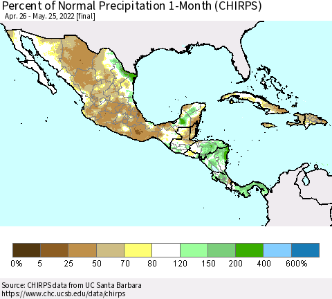 Mexico Central America and the Caribbean Percent of Normal Precipitation 1-Month (CHIRPS) Thematic Map For 4/26/2022 - 5/25/2022